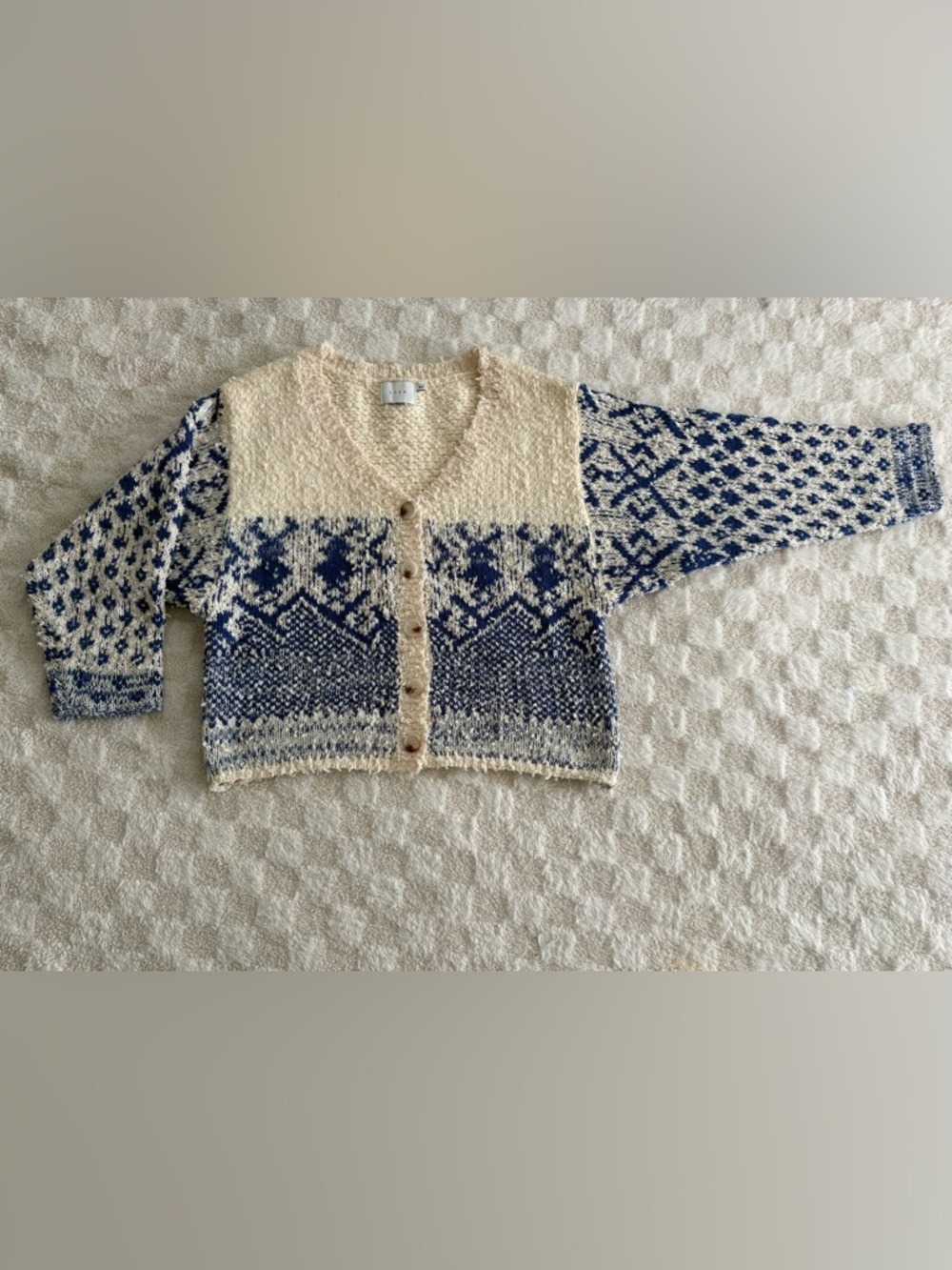 LUSH Women’s Fair Isle Nordic Cardigan Sweater Ivory and Blue Size Large